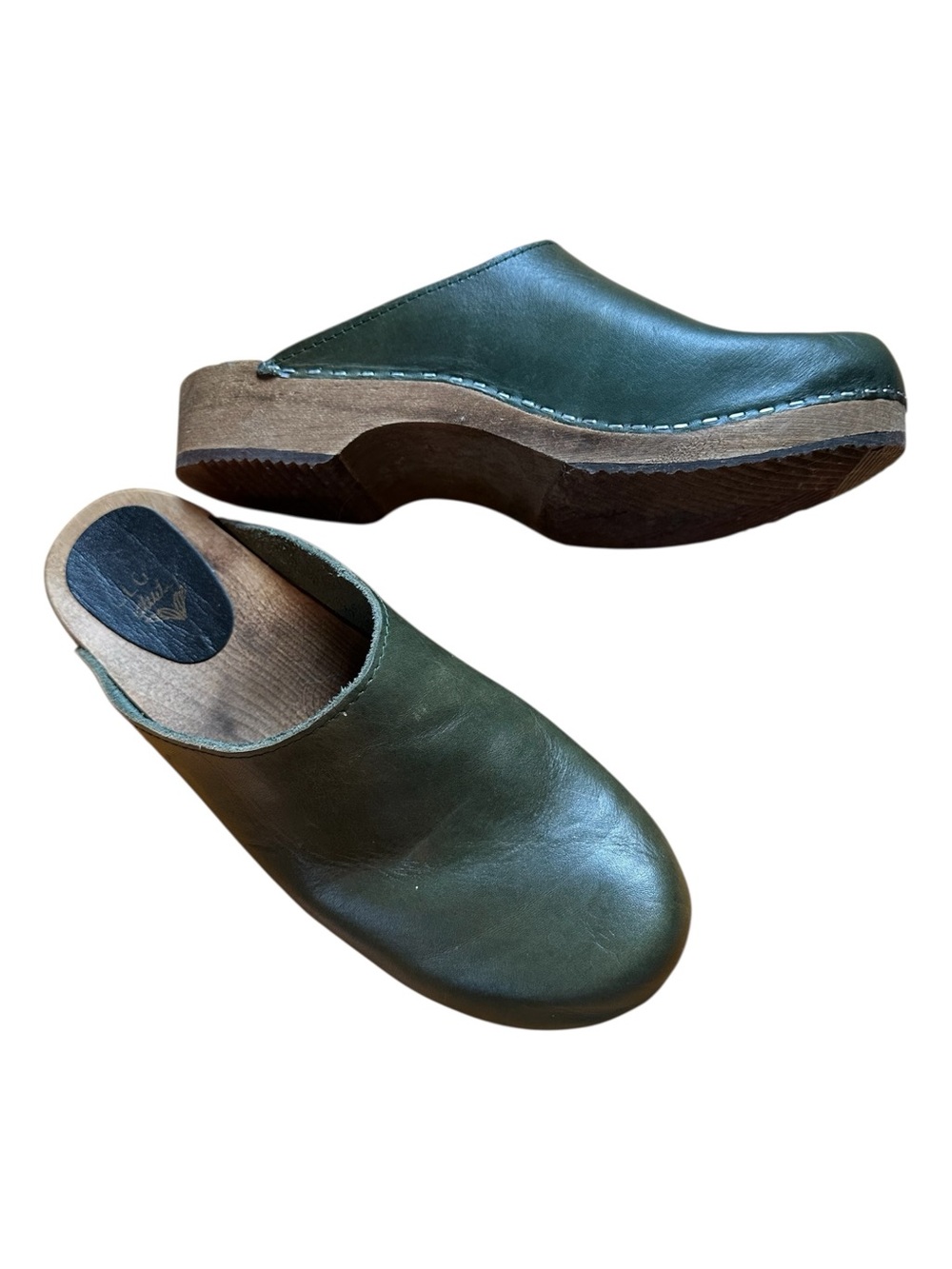 Kitty Clogs Made in Sweden Klassisk Agave Green Leather Clog Shoes - Picture 7 of 8
